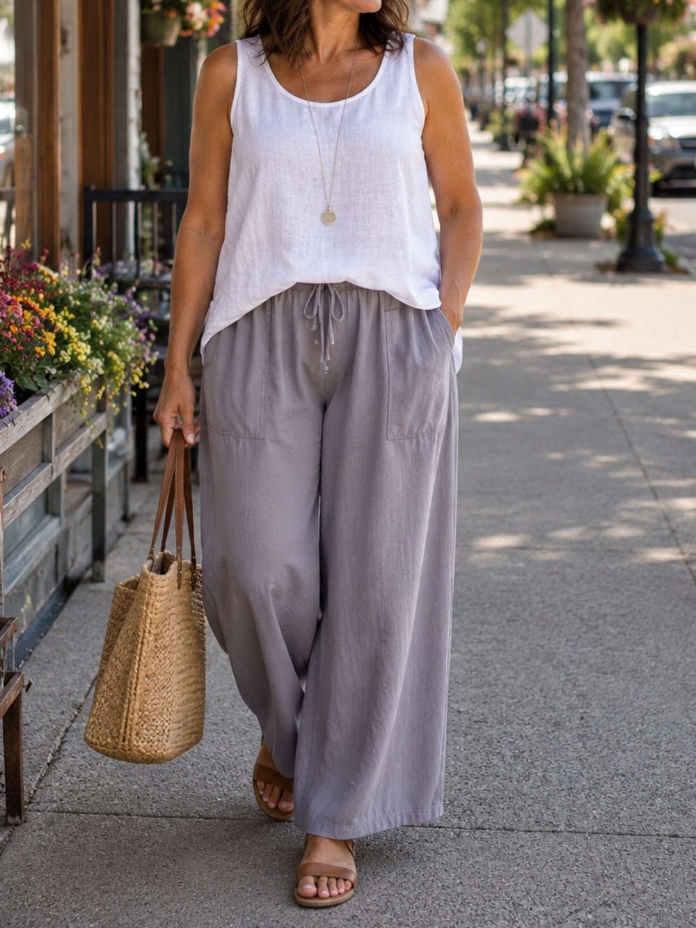 100% Cotton Heather Grey Wide Leg Palazzo Pants 2XL | Drawstring Waist | Pockets